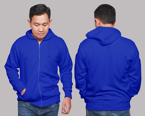 Blank sweatshirt mock up, front, and back view, isolated on grey. Asian male model wear plain blue hoodie mockup. Hoody design presentation. Jumper for print. Blank clothes sweat shirt sweater