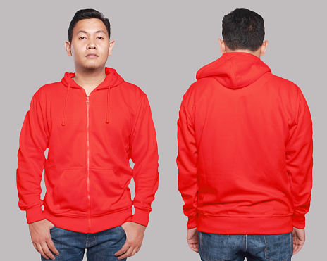 Blank sweatshirt mock up, front, and back view, isolated on grey. Asian male model wear plain red hoodie mockup. Hoody design presentation. Jumper for print. Blank clothes sweat shirt sweater
