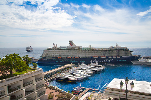 Monaco, Monte Carlo - September 17, 2016: Intercontinental cruise liner anchors in the Monaco marina. Number of tourists visiting Monaco per year 330 000.