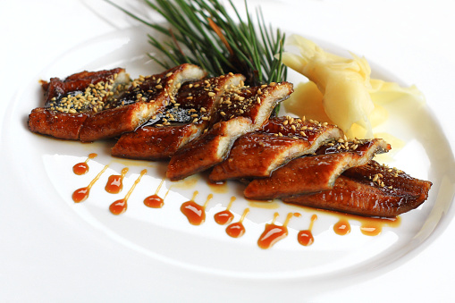 seasoned,  sliced,  Grilled Eel,  isolated,  sea food, plate