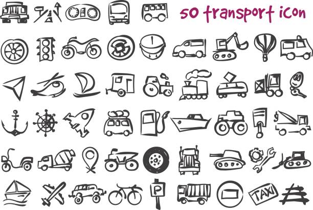 vector doodle icons set Vector doodle transport icons set. Stock cartoon signs for design. motorcycle drawings stock illustrations