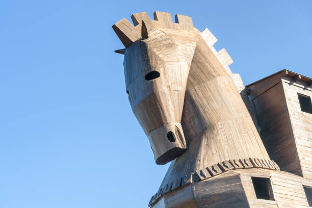Replica of wooden Trojan horse in ancient city Troy. Turkey Canakkale: Replica of wooden Trojan horse in ancient city Troy. It is tale from the Trojan War about the subterfuge troia stock pictures, royalty-free photos & images