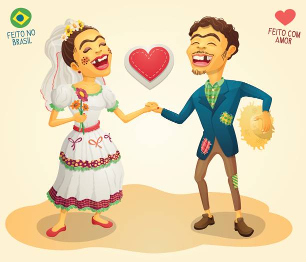 Brazilian June Party happy hick couple Made in Brazil - Made with love - High quality detailed vector cartoon for june party themes. fiancé stock illustrations