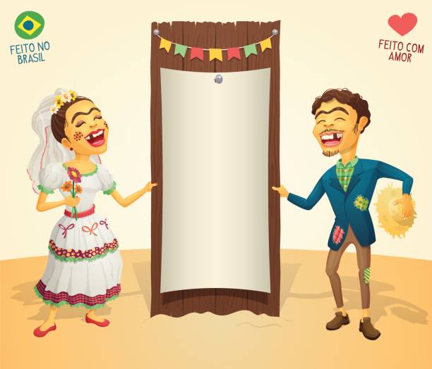 Brazilian June Party happy hick couple holding blank thematic board Made in Brazil - Made with love - High quality detailed vector cartoon for june party themes. fiancé stock illustrations