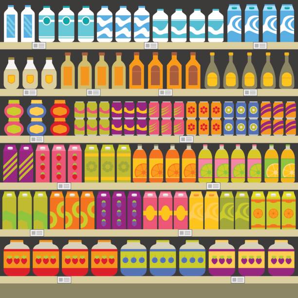 istock Supermarket shelves with groceries. Store display with drinks and food. Vector illustration in flat style. 695739896