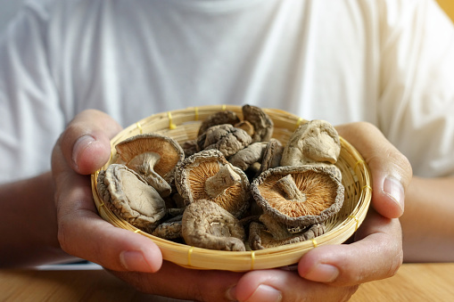 Dried Chinese mushroom in basket on hand - closeup