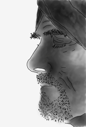 Sketched profile of bearded man with turban