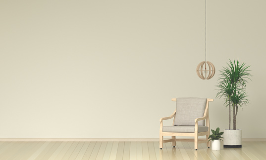 gray armchair with plant and lamp on empty wall background,art works,3D rendering