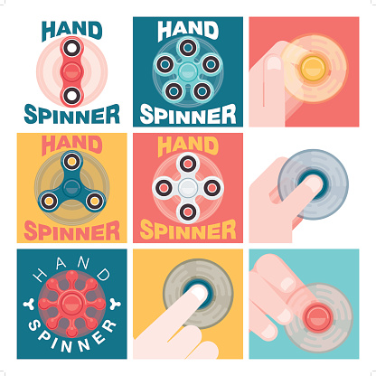 A set of 9 hand spinner style and playing style icon set. Each icon is grouped individually.