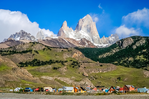 Small town of El Chalten at the foot of Mount Fitz Roy In Patagonia, Argentina