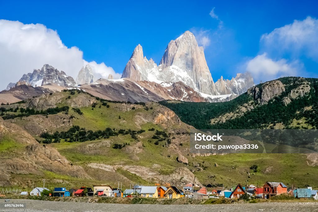 The Chalten town Small town of El Chalten at the foot of Mount Fitz Roy In Patagonia, Argentina Argentina Stock Photo