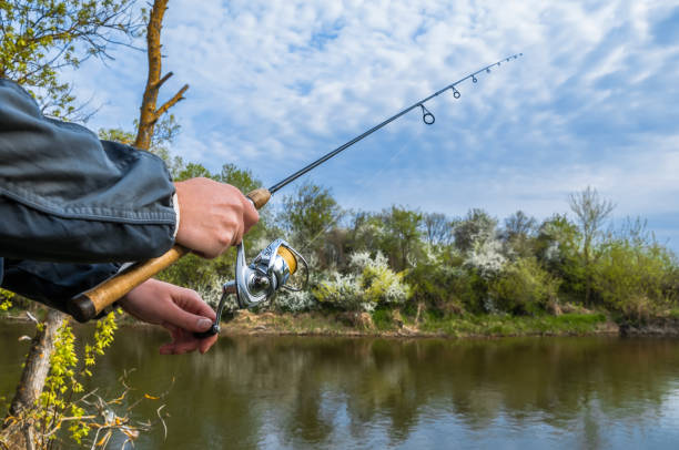 istock Fisherman with spinning rod in hand at the river 695763692