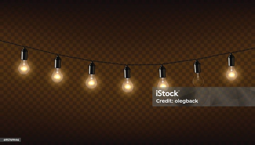 Vector garland of lamps on brown transparent background. Light Bulb stock vector