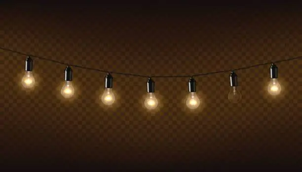 Vector illustration of Vector garland of lamps on brown transparent background.