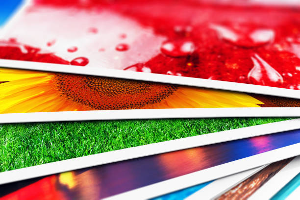 Stack of photo cards Creative abstract digital photography and photographic picture visual imaging art concept: 3D render illustration of the macro view of stack of colorful photo cards with selective focus effect stacking photos stock pictures, royalty-free photos & images