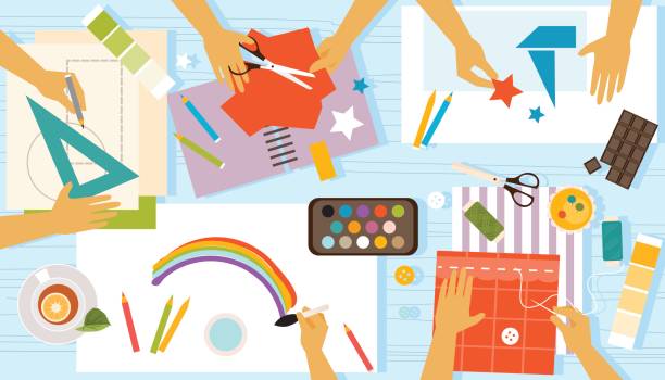 ilustrações de stock, clip art, desenhos animados e ícones de children creativity - paper equipment art felt tip pen