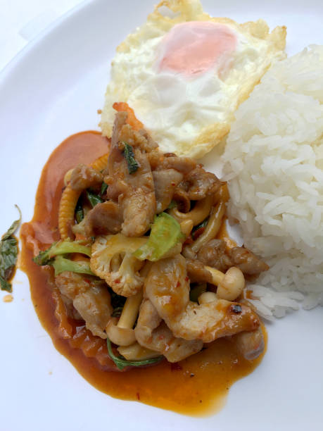 istock stir fried chicken with roasted chili paste and sweet basil leaf, Broccoli, mushroom mixed vegetables, Fried egg on jasmine rice in white plate on wooden background, thai food. 695776514