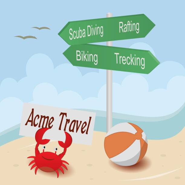 ilustrações de stock, clip art, desenhos animados e ícones de beach with sign and crab. - sea ideas concepts crab