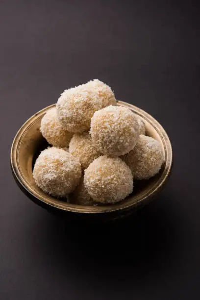 homemade Coconut Ladoo  / Sweet Laddu made with coconut and milk, selective focus