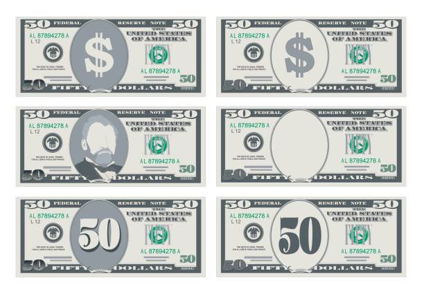 illustrazioni stock, clip art, cartoni animati e icone di tendenza di usa valuta bancaria, simbolo di cassa 50 dollari fattura. - us paper currency