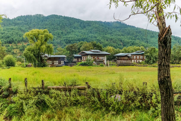 Traditional Bhutanese architectures in a village near Bumthang, Bhutan stock photo