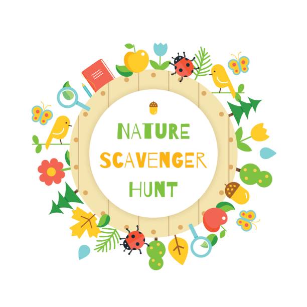 ilustraciones, imágenes clip art, dibujos animados e iconos de stock de tesoro de la naturaleza. juego de los niños poster - scavenger hunt