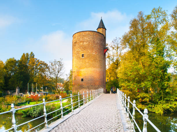 vecchia torre di sversamento di pietre sul lago minnewater, alias lago dell'amore, a bruges, belgio - bruges cityscape europe autumn foto e immagini stock