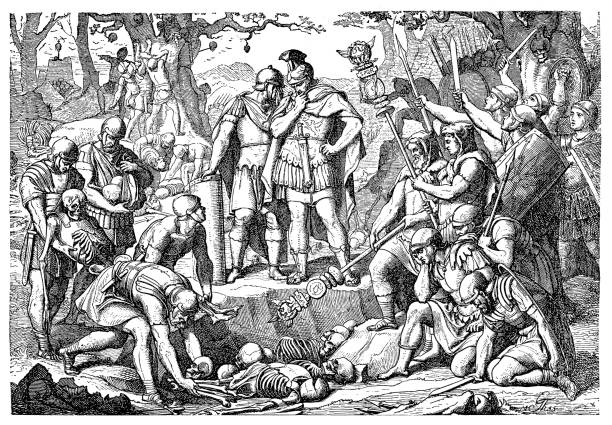 Nero Claudius Germanicus Militay campaigns of Germanicus (Nero Claudius Germanicus) into germania (14-16 A.D.).Germanicus observing the interment of the roman legionaries , killed in the battle of the Teutobuger Wald (9.A.D).15 A.D. military funeral stock illustrations