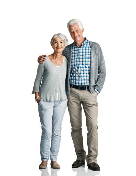 Our time together has been many years of bliss Studio portrait of a senior couple posing against a white background white hair photos stock pictures, royalty-free photos & images