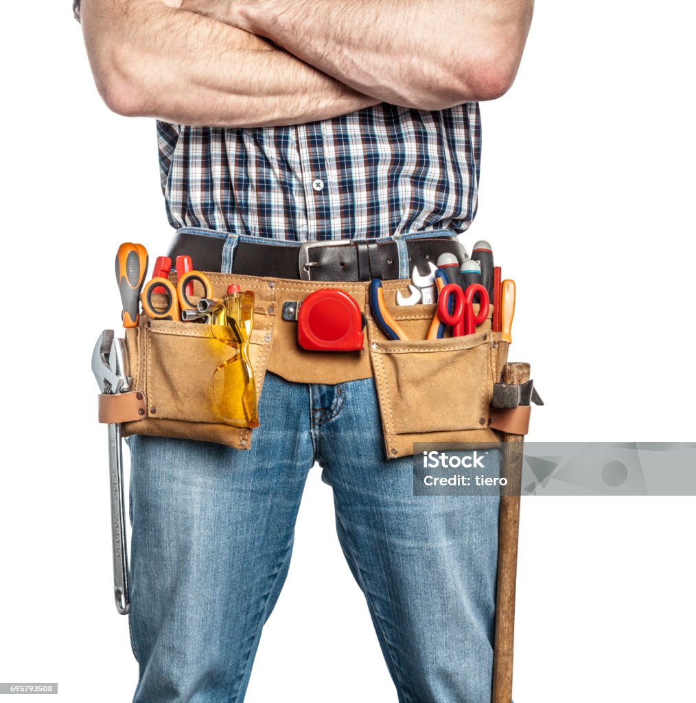 handyman and tools detail of handyman with tspirit level isolated on white background Blue-collar Worker Stock Photo