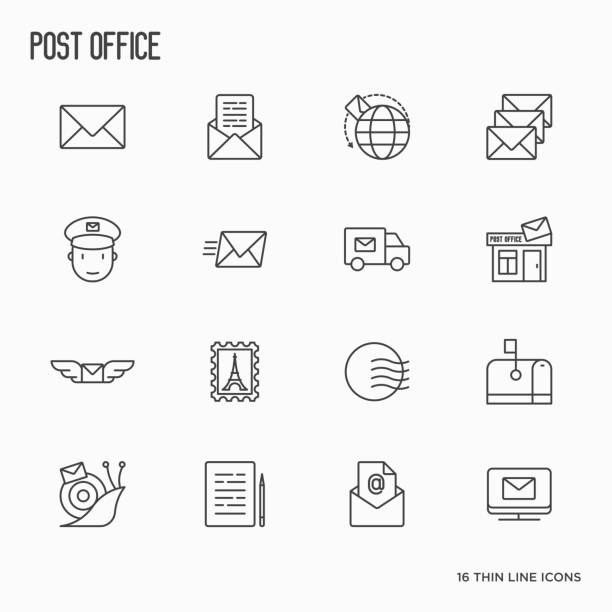 Post office related thin line icons set. Symbols of shipping, delivery, packaging. Vector illustration. Post office related thin line icons set. Symbols of shipping, delivery, packaging. Vector illustration. post office stock illustrations