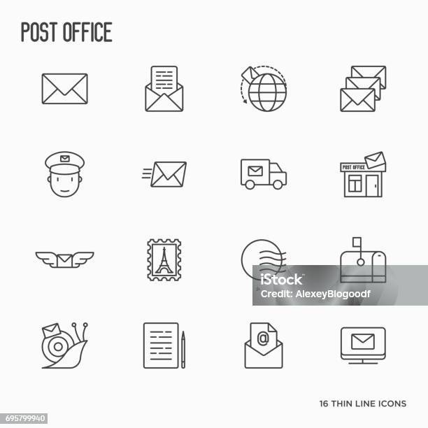 Post Office Related Thin Line Icons Set Symbols Of Shipping Delivery Packaging Vector Illustration Stock Illustration - Download Image Now