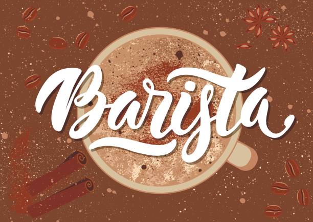 ilustraciones, imágenes clip art, dibujos animados e iconos de stock de manuscrito inscripción blanco caligráfico "barista" sobre fondo grunge. - menu bean brown caffeine