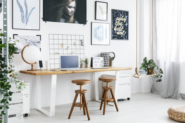 istock Double desk and two stools in home office 695802774