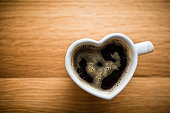 Black coffee, espresso in heart shaped cup. Love, Valentine's Day, vintage
