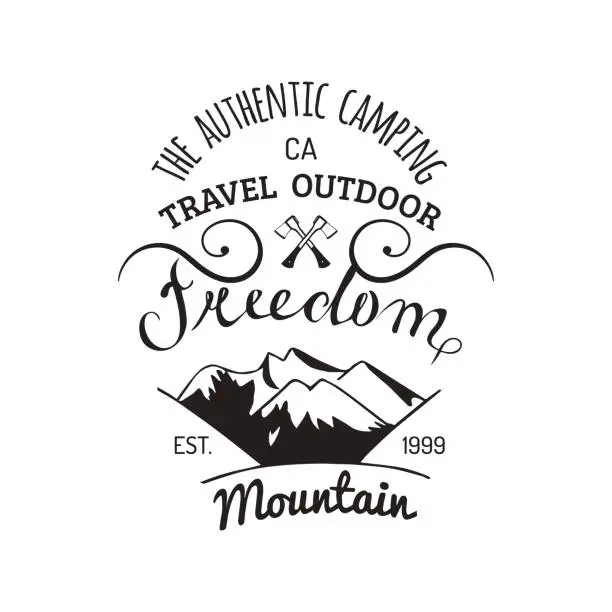 Vector illustration of Vector camp icon. Hand drawn vintage tourist label with mountains. Retro hipster emblem of outdoor adventures.