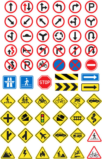 illustrations, cliparts, dessins animés et icônes de ensemble d’icônes la signalisation routière. illustration vectorielle. - sign street traffic left handed