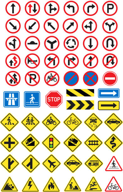 znaki drogowe ustawione ikony. ilustracja wektorowa. - road sign sign blue blank stock illustrations