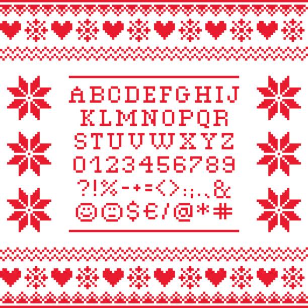 Cross stitch uppercase alphabet with numbers and symbols pattern, embroidery design Embroided red letters on white background, vector font collection christmas pattern pixel stock illustrations