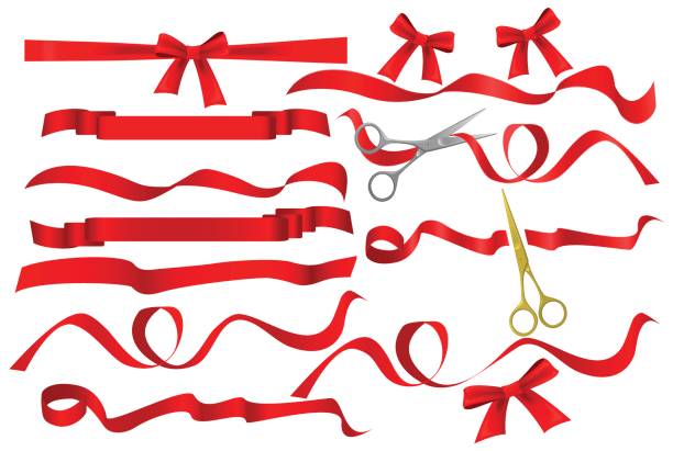 Metal chrome and golden scissors cutting red silk ribbon. Realistic opening ceremony symbols Tapes ribbons and scissors set. Grand opening inauguration event public ceremony. Metal chrome and golden scissors cutting red silk ribbon. Realistic opening ceremony symbols Tapes ribbons and scissors set. Grand opening inauguration event public ceremony red banner stock illustrations
