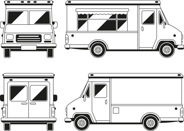 Blank commercial food truck in different points of view. Outline vector template for you advertising Blank commercial food truck in different points of view. Outline vector template for you advertising. Vehicle van for retail street illustration cityscape clipart stock illustrations