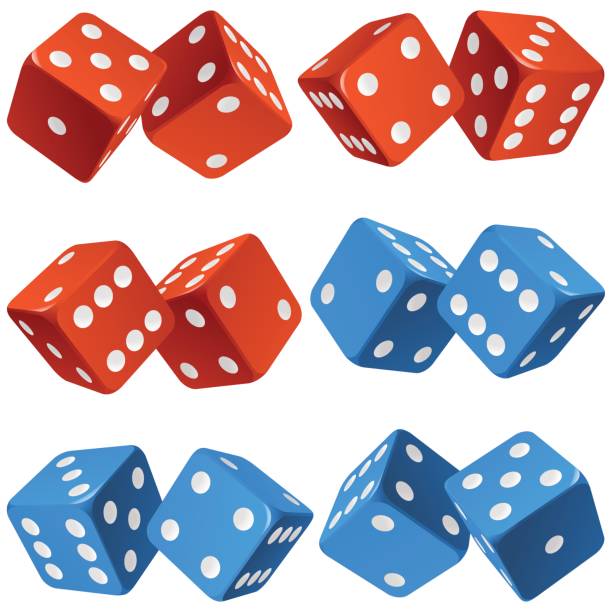 Vector pair of dice icon set Vector Casino Dice Set of Authentic Icons. Red and Blue Pair of Poker Cubes Isolated on White Background. 3d Board Game Pieces Rolling Dice stock illustrations