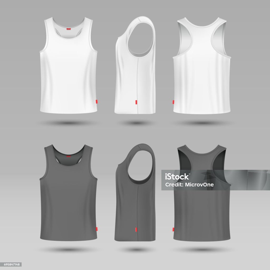 Mans white blank tank singlet. Male shirt without sleeves vector template Mans white blank tank singlet. Male shirt without sleeves vector template. T-shirt front and back, illustration of mock up shirt Tank Top stock vector