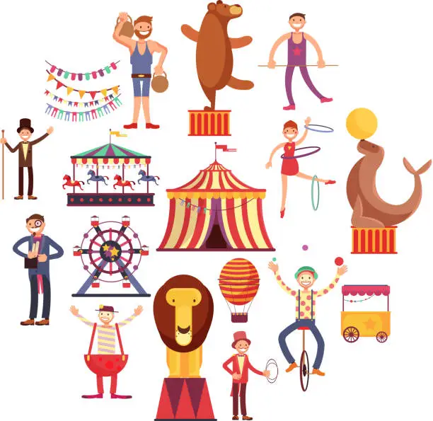 Vector illustration of Circus carnival flat vector icons in circle design