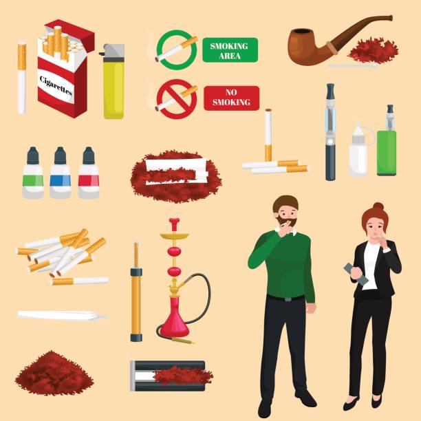 Smoking tobacco products icons set with cigarettes hookah cigars lighter isolated vector illustration Smoking tobacco decorative icons set with cigarettes hookah cigars alcohol lighter on brown background isolated vector illustration chewing tobacco stock illustrations