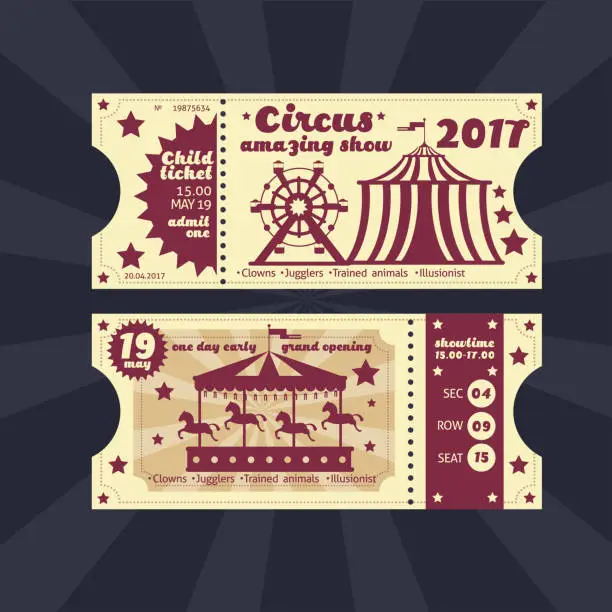 Vector illustration of Vintage kids costume party invitation. Retro circus carnival ticket vector template