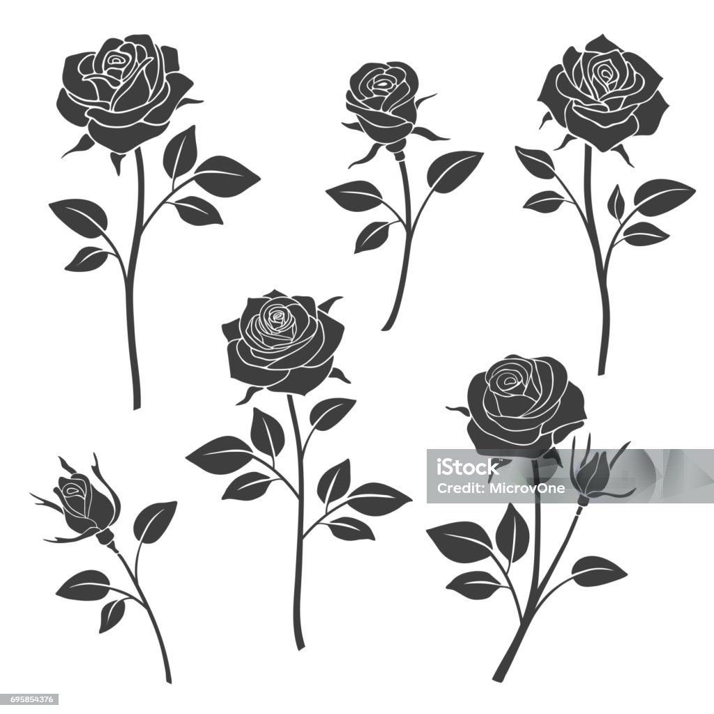 Boutons de roses vector silhouettes. Éléments de design fleurs - clipart vectoriel de Rose - Fleur libre de droits