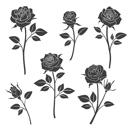 Rose buds vector silhouettes. Flowers design elements. Monochrome rose tattoo illustration