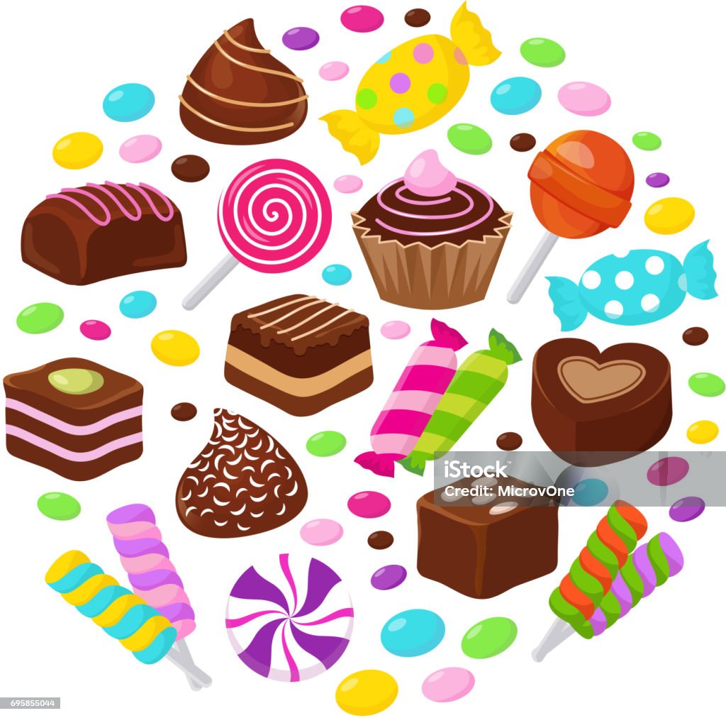 Colourful fruit candies and chocolate sweets flat icons in circle design Colourful fruit candies and chocolate sweets flat icons in circle design. Sweet snack candy chocolate, illustration of sweet tasty caramel lollipop Abstract stock vector