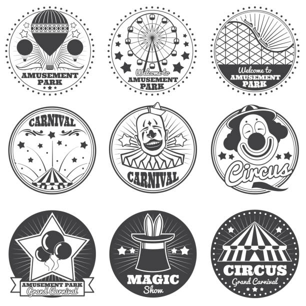 Amusement park, circus and carnival vector vintage emblems and labels. Festival and circus badge, illustration of entertainment and carnival show